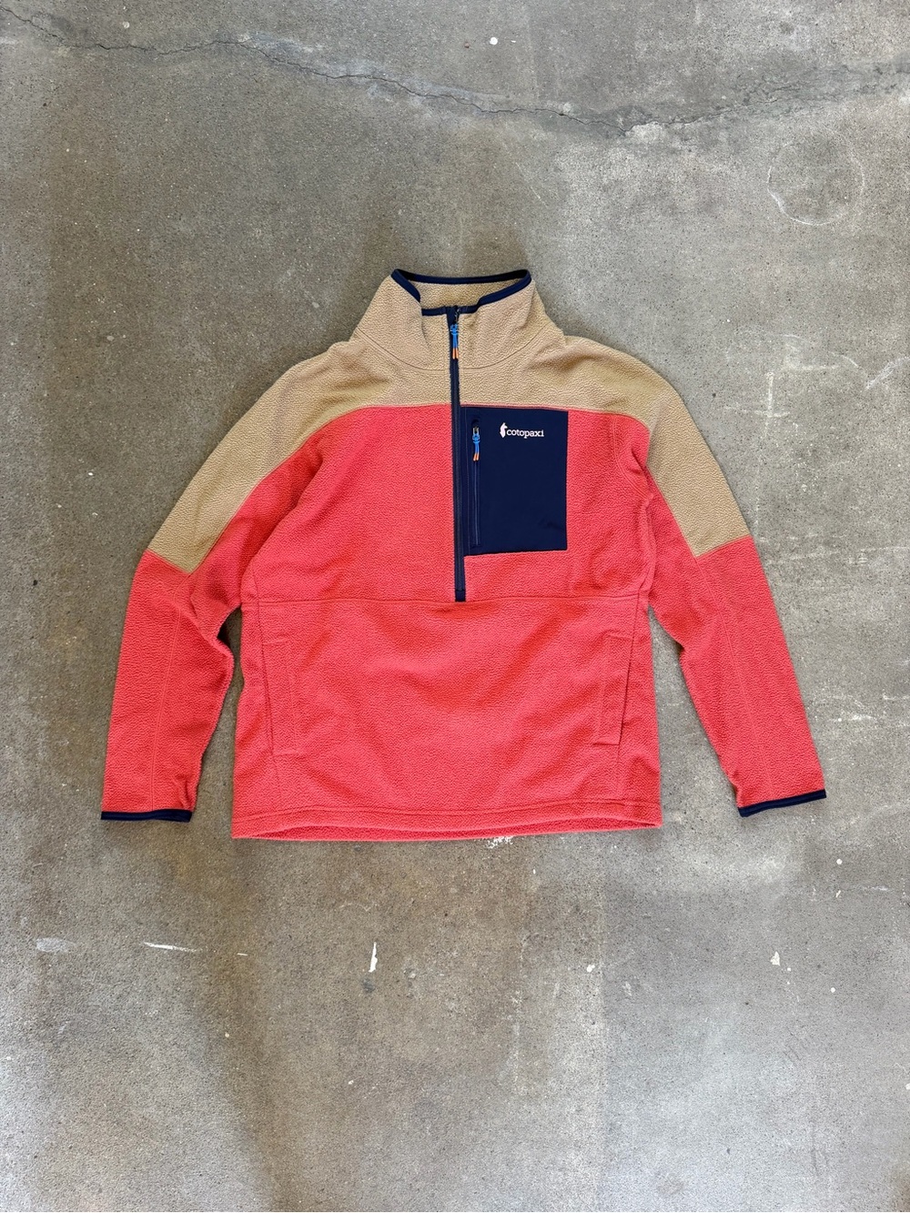 Cotopaxi Abrazo Half Zip Fleece Pullover in Colorblock Coral Tan Size XL Hiking
